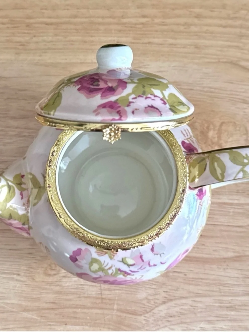 BAUM Asian Rose Collection Hinged Lid Porcelain Teapot Trinket Box Pink Floral